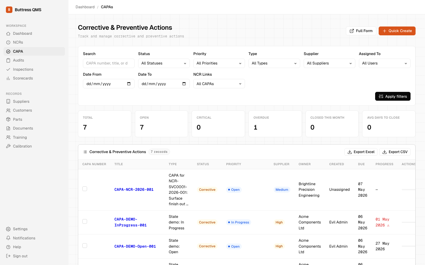 CAPA management list showing structured 8D corrective actions