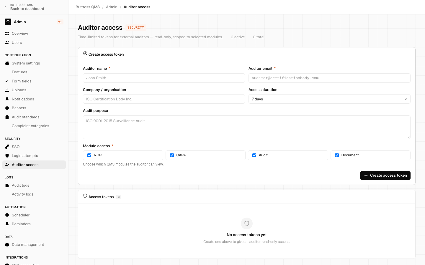 External access management — time-limited tokens scoped to selected modules